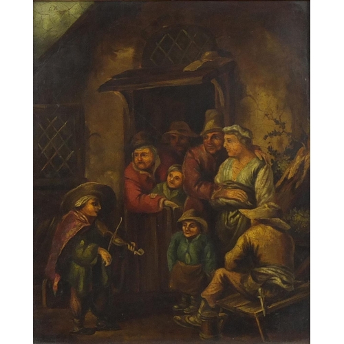 1161 - Figures outside listening to a fiddler, antique continental school oil on copper panel, inscribed la... 