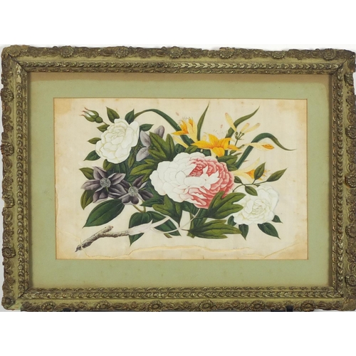 598 - Pair of Chinese watercolours on pith depicting flowers, mounted and framed, each 29cm x 19cm