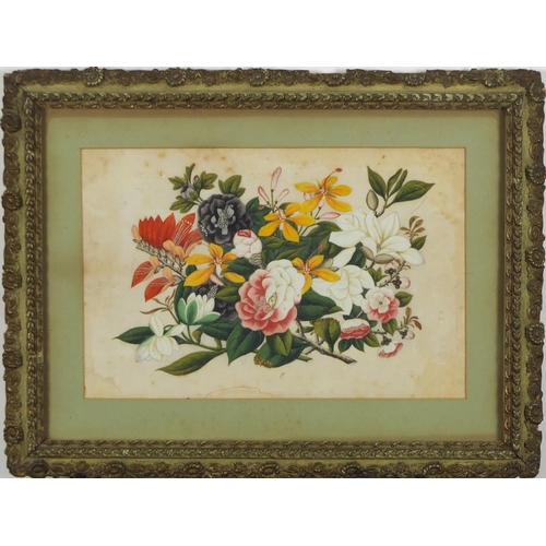 598 - Pair of Chinese watercolours on pith depicting flowers, mounted and framed, each 29cm x 19cm