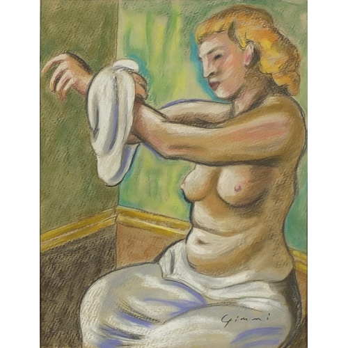 1203 - Semi nude female washing, coloured chalks, bearing a signature Gimmi, mounted and framed, 39.5cm x 3... 