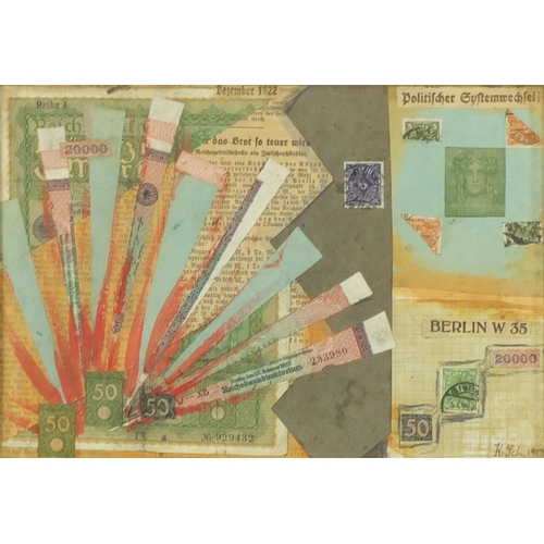1206 - Abstract composition, German school mixed media and collage, bearing a monogram K SCH, mounted and f... 