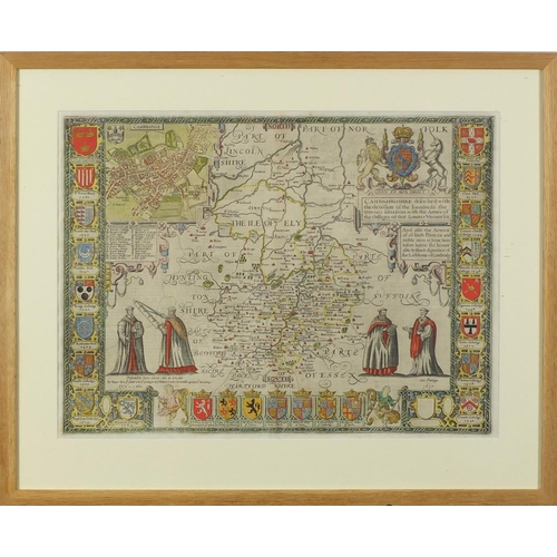 269 - 16th century map of Cambridgeshire by John Speed, hand coloured, mounted and framed, 53.5cm x 39.5cm