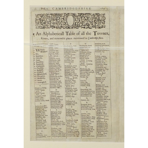 269 - 16th century map of Cambridgeshire by John Speed, hand coloured, mounted and framed, 53.5cm x 39.5cm