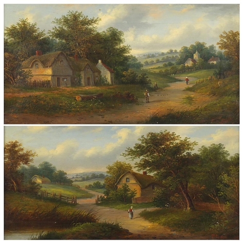 1376 - T M Hall - Cottages before extensive landscapes with figures, pair of Victorian oil on canvases, fra... 