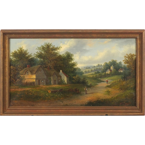 1376 - T M Hall - Cottages before extensive landscapes with figures, pair of Victorian oil on canvases, fra... 