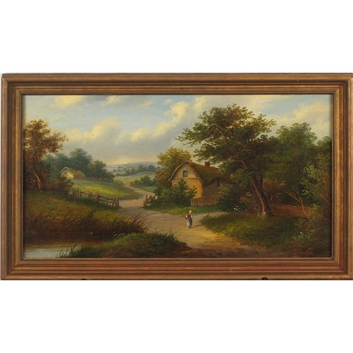 1376 - T M Hall - Cottages before extensive landscapes with figures, pair of Victorian oil on canvases, fra... 