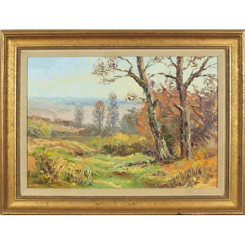 2441 - Impressionist landscape, oil on board, bearing an indistinct signature possibly Charles B??, mounted... 