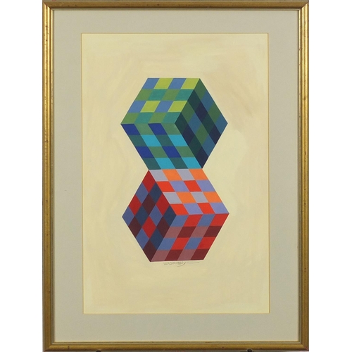 2160 - After Victor Vasarley - Abstract composition, geometric shapes, gouache, mounted and framed, 50cm x ... 