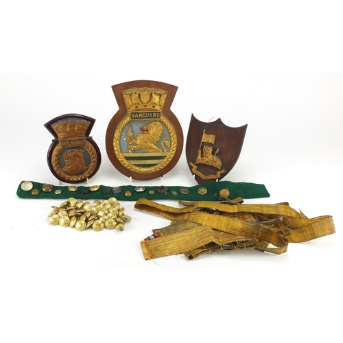 910 - Military Naval plaques, buttons and braid including Vanguard and Implacable
