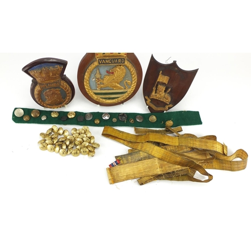 910 - Military Naval plaques, buttons and braid including Vanguard and Implacable
