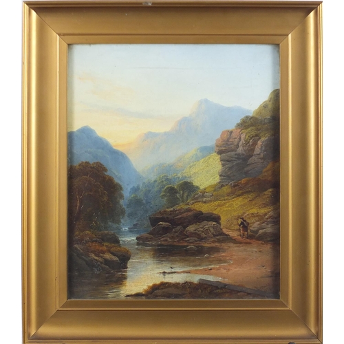 1194 - J B Sticks 1874 - Figure beside water before mountains, Inverness Scotland, 19th century oil on canv... 