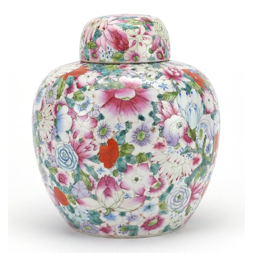 403 - Large Chinese porcelain thousand flower ginger jar and cover, hand painted in the famille rose palet... 