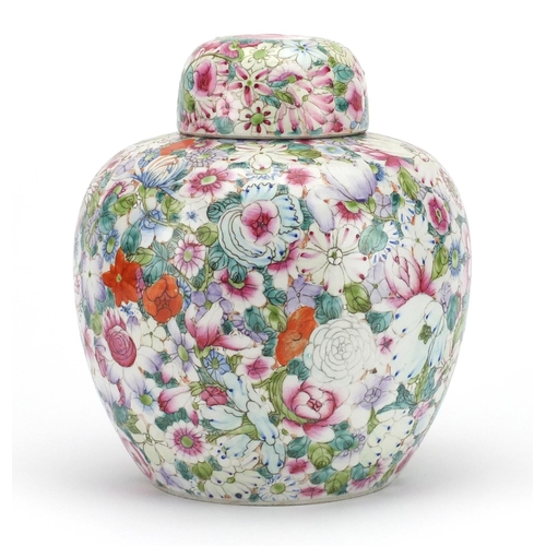 403 - Large Chinese porcelain thousand flower ginger jar and cover, hand painted in the famille rose palet... 