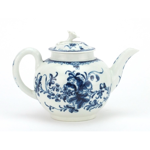 670 - 18th century Doctor Wall period Worcester teapot, hand painted with flowers, moon crescent mark to t... 