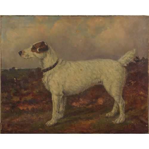 1196 - Hilton Larke Pratt - Portrait of a terrier before a landscape, Victorian oil on canvas, unframed, 51... 