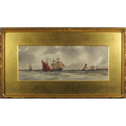 1191 - William Cannon 1900 - Off Deal, ships on rough seas, watercolour, inscribed label verso, mounted and... 