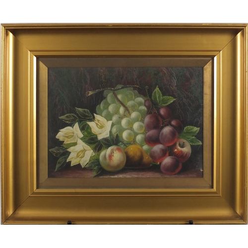 1296 - Still life flowers and fruit, Edwardian oil on canvas, mounted and framed, 33cm x 23cm