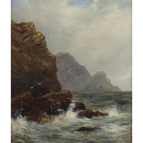 1159 - Coastal scene with waves crashing against rocks, early 20th century oil on canvas, bearing a monogra... 