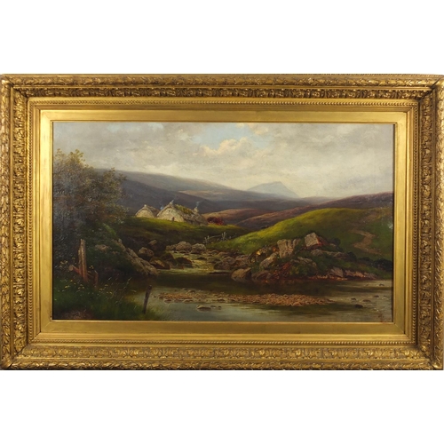 1192 - Extensive mountain landscape with a river before two cottages and cattle, 19th century oil on canvas... 
