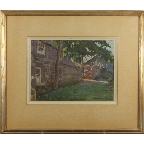 1153 - Stanhope Alexander Forbes - Exterior of a cottage with gates, oil, Rowley label verso, mounted and f... 