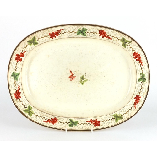 681 - Early 19th century cream ware meat platter, hand painted with leaves and berries, possibly by Humphr... 