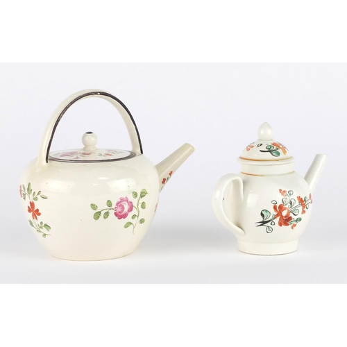 680 - Two early 19th century cream ware teapots including one by Wedgwood, both hand painted with flowers,... 