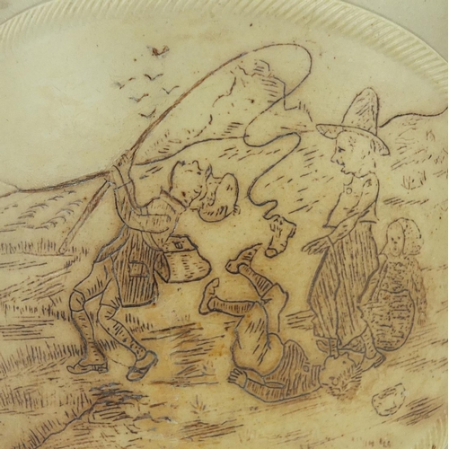 686 - Victorian Doulton style salt glazed stoneware teapot, incised with fishing scenes, Piscatoribus Sacr... 
