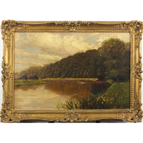 1223 - H C Jarvis - Cattle grazing beside a river with moored boats, 19th century oil on canvas, 60cm x 40c... 