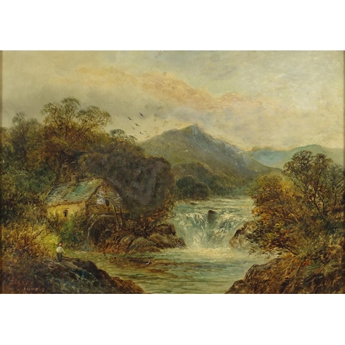 1248 - Watermill beside a waterfall before mountains, 19th century oil on canvas, bearing an indistinct sig... 