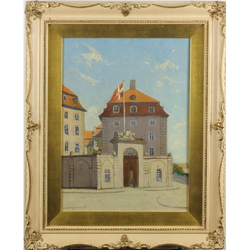 1222 - Vider Jansen - HQ State Building, Copenhagen, signed oil on canvas, mounted and framed, 39cm x 29.5c... 