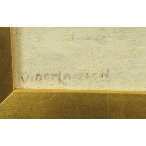 1222 - Vider Jansen - HQ State Building, Copenhagen, signed oil on canvas, mounted and framed, 39cm x 29.5c... 