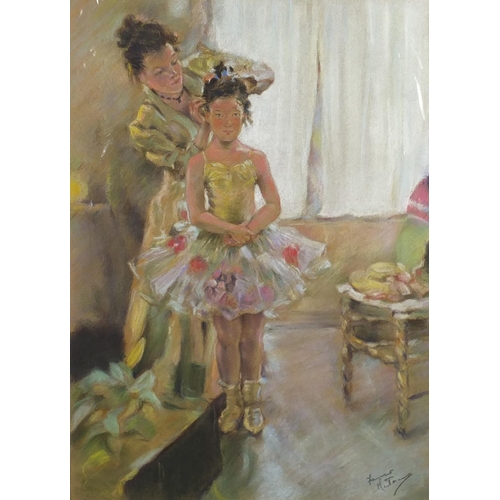 1377 - Franco Matania - Little Party Girl, signed pastel, inscribed verso, mounted and unframed, 48.5cm x 3... 