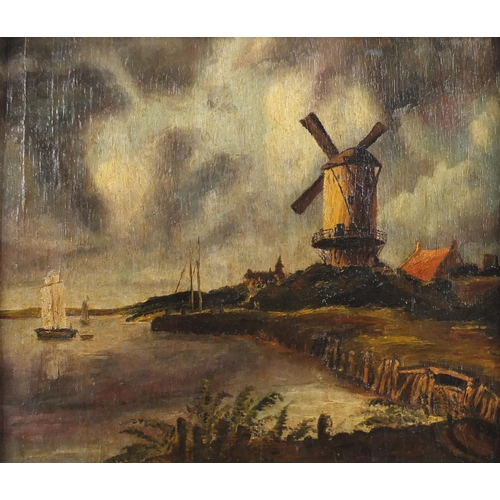 1219 - Manner of Jacob Van Ruisdael - The Windmill at Wijk, antique Dutch school oil on board, ink inscript... 