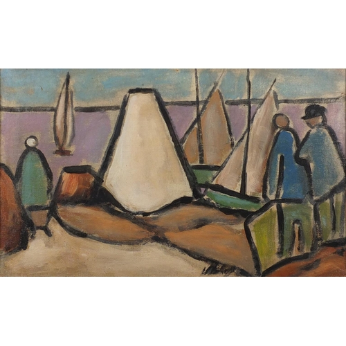 1292 - Figures by boats, Irish school oil on canvas, bearing an indistinct signature, framed, 50cm x 30.5cm