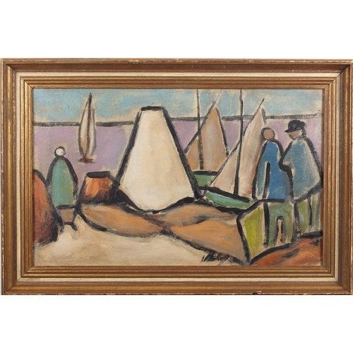 1292 - Figures by boats, Irish school oil on canvas, bearing an indistinct signature, framed, 50cm x 30.5cm