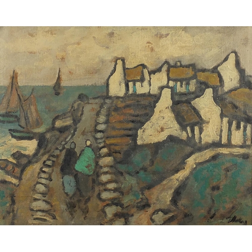 1286 - Village and figures beside water, Irish school oil on canvas laid on board, bearing an indistinct si... 