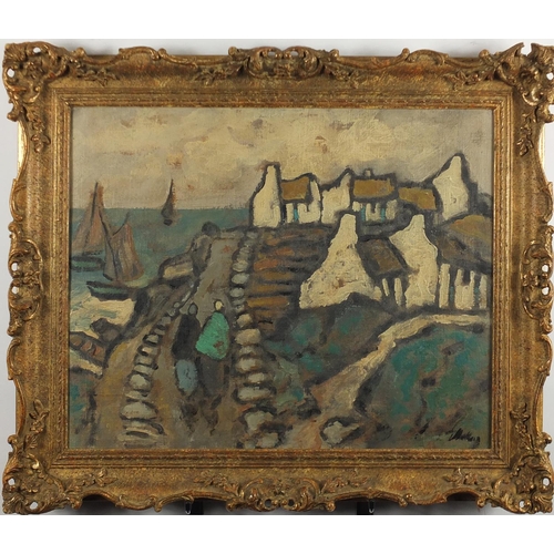 1286 - Village and figures beside water, Irish school oil on canvas laid on board, bearing an indistinct si... 