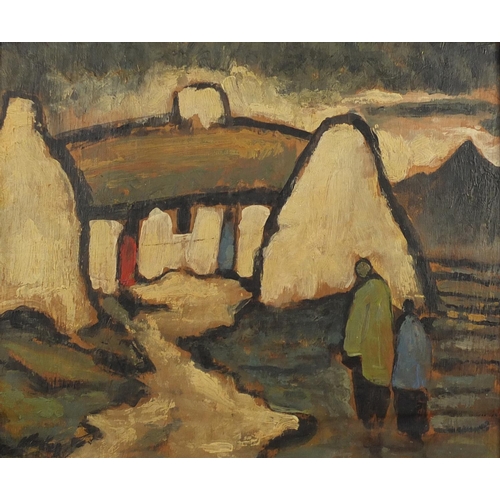 1287 - Figures by cottages, Irish school oil on board, bearing an indistinct signature, framed, 49cm x 41cm