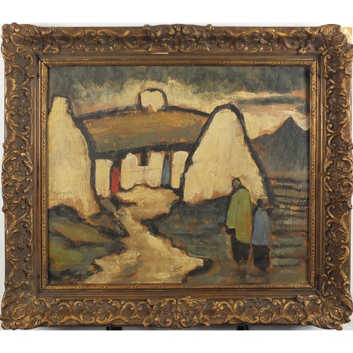 1287 - Figures by cottages, Irish school oil on board, bearing an indistinct signature, framed, 49cm x 41cm