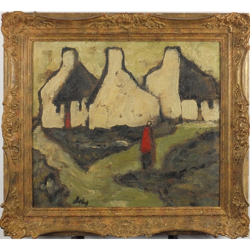 1288 - Figure before cottages, Irish school oil on board, bearing an indistinct signature possibly Markey a... 