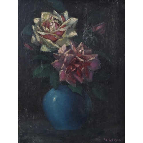 1230 - Still life flowers in a vase, oil on board, bearing an indistinct signature possibly J Loiseai? fram... 