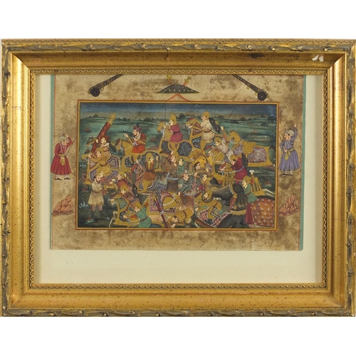 666 - Indian battle scene, Mughal school watercolour, framed, 29cm x 21cm