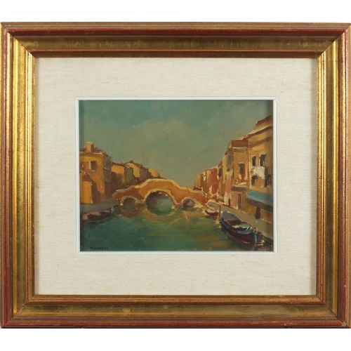 1197 - Giuseppe Manoi - Ponte dei Tre Archi, Venice, oil, inscribed label verso, mounted and framed, 23.5cm... 