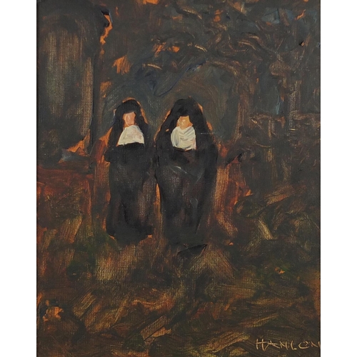1262 - Figures in woodland, oil on board, bearing a signature Hanlon, mounted and framed, 24cm x 19cm