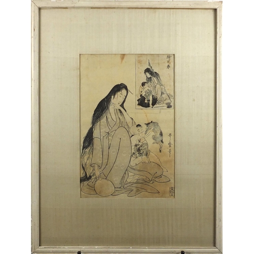 602 - 19th century Japanese woodblock print depicting a female with a child and cat, with character marks,... 