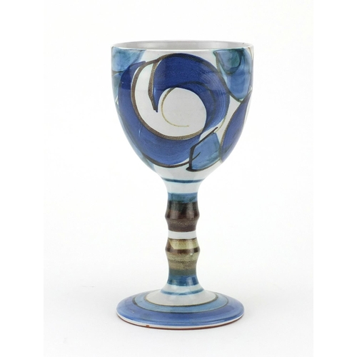 788 - Alan Caiger Smith studio pottery goblet hand painted with swirls, painted marks to the base, 18.5cm ... 