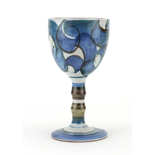788 - Alan Caiger Smith studio pottery goblet hand painted with swirls, painted marks to the base, 18.5cm ... 