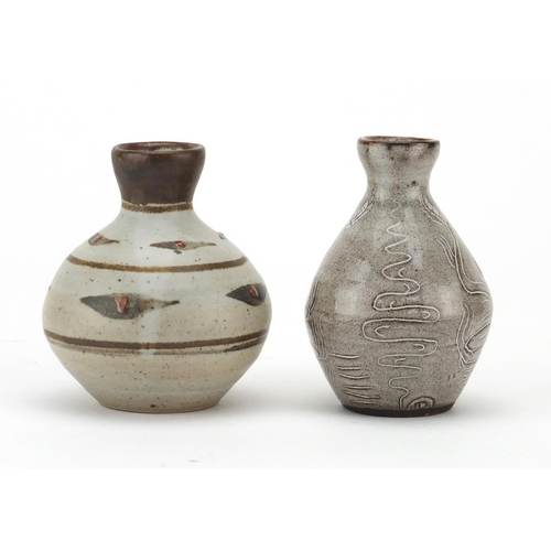 782 - Two David Leach studio pottery bud vases, one with incised decoration, both with impressed marks, ea... 
