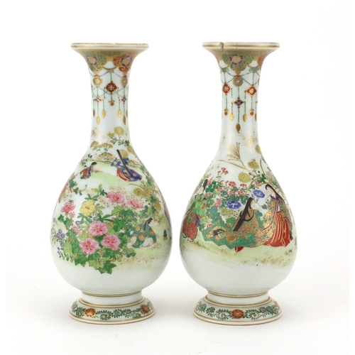 508 - Pair of Japanese porcelain vases, finely hand painted with figures, insects and flowers, six figure ... 