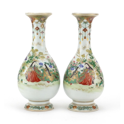 508 - Pair of Japanese porcelain vases, finely hand painted with figures, insects and flowers, six figure ... 